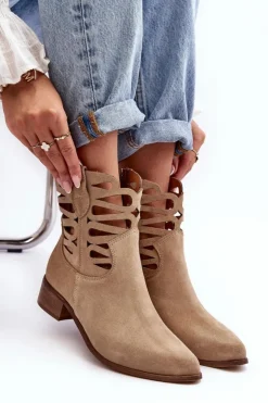 Damskie Boto Ażurowe Damskie Skórzane Botki Beżowe Lewski 3329