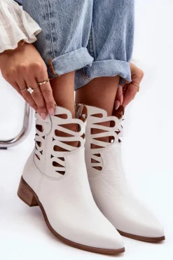 Boto Botki Skórzane|Brązowe I Beżowe Botki*Ażurowe Damskie Skórzane Botki Białe Lewski 3329