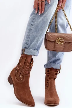 Sale Boto Ażurowe Damskie Skórzane Botki Brązowe Lewski 3329