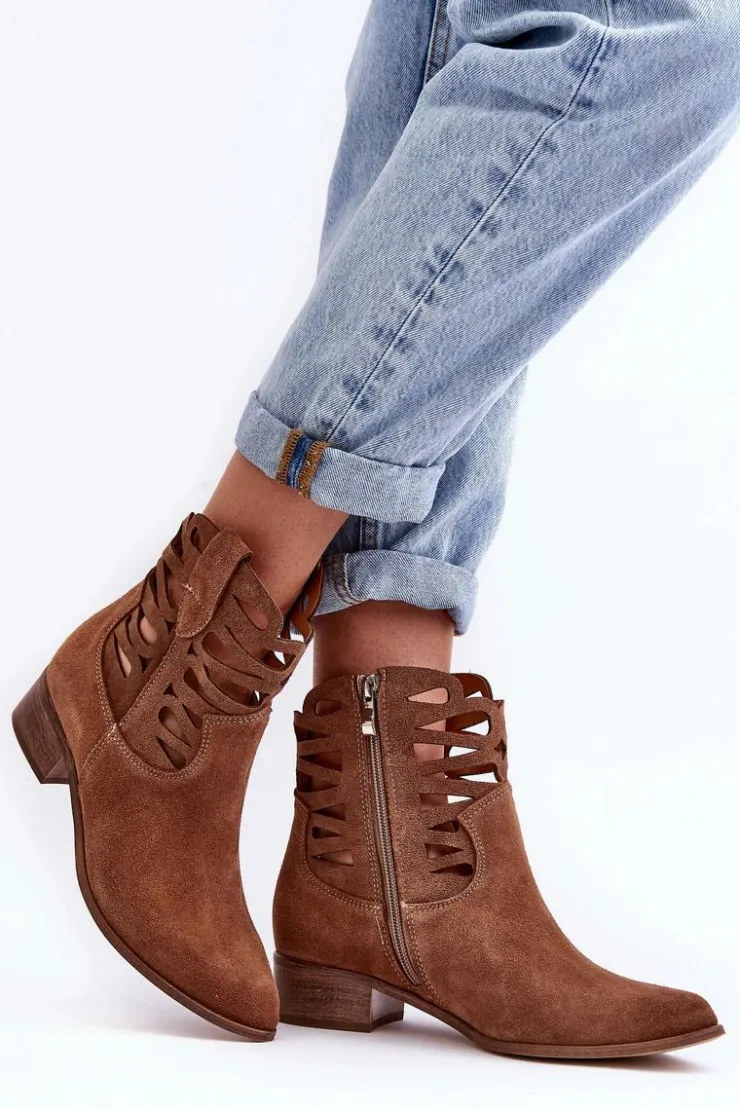 Sale Boto Ażurowe Damskie Skórzane Botki Brązowe Lewski 3329