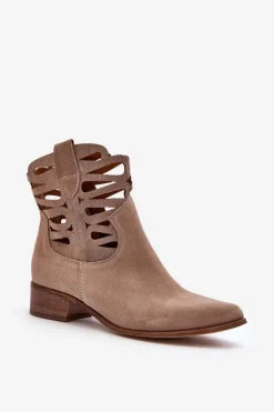 Boto Botki Wiosenne|Botki Skórzane*Ażurowe Damskie Skórzane Botki Ciemnobeżowe Lewski 3329