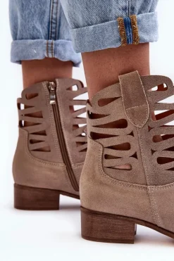 Boto Botki Wiosenne|Botki Skórzane*Ażurowe Damskie Skórzane Botki Ciemnobeżowe Lewski 3329