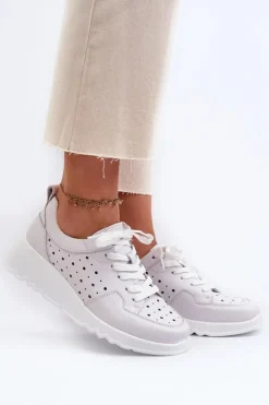 Damskie buty S.Barski Sneakersy Damskie*Ażurowe Damskie Sneakersy Na Koturnie Skóra Naturalna Jasnoszare S.Barski LR482 Szary