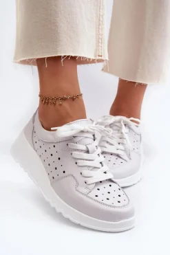 Damskie buty S.Barski Sneakersy Damskie*Ażurowe Damskie Sneakersy Na Koturnie Skóra Naturalna Jasnoszare S.Barski LR482 Szary