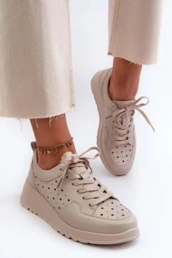 Sale Damskie buty S.Barski Ażurowe Damskie Sneakersy Na Koturnie Skóra Naturalna Beżowe S.Barski LR482