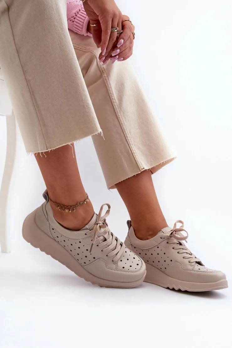 Sale Damskie buty S.Barski Ażurowe Damskie Sneakersy Na Koturnie Skóra Naturalna Beżowe S.Barski LR482