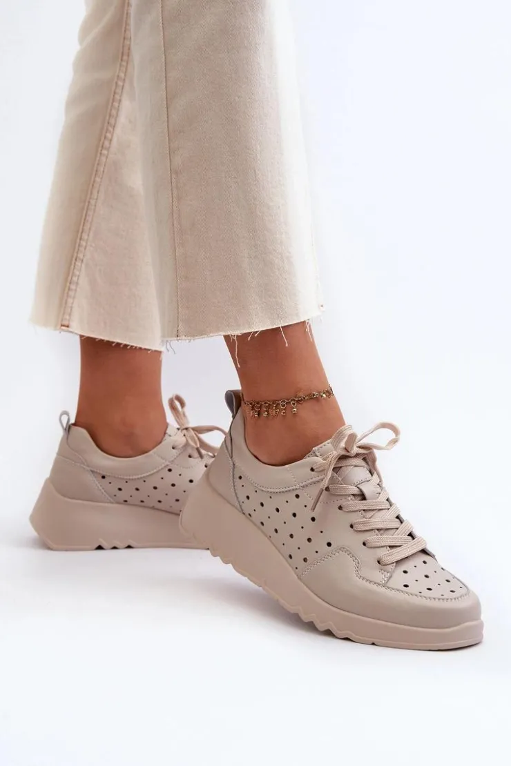 Sale Damskie buty S.Barski Ażurowe Damskie Sneakersy Na Koturnie Skóra Naturalna Beżowe S.Barski LR482