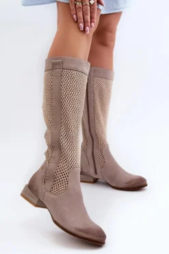 Damskie Maciejka Ażurowe Kozaki Damskie Na Niskim Obcasie Z Naturalnego Zamszu 06467-04 Beżowe