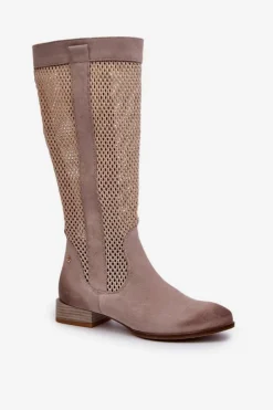 Damskie Maciejka Ażurowe Kozaki Damskie Na Niskim Obcasie Z Naturalnego Zamszu 06467-04 Beżowe