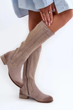 Damskie Maciejka Ażurowe Kozaki Damskie Na Niskim Obcasie Z Naturalnego Zamszu 06467-04 Beżowe