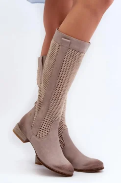 Damskie Maciejka Ażurowe Kozaki Damskie Na Niskim Obcasie Z Naturalnego Zamszu 06467-04 Beżowe