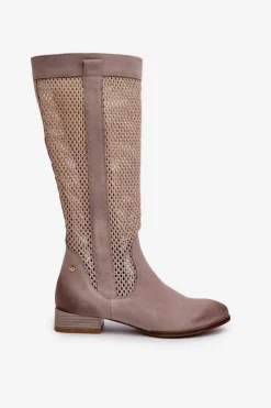 Damskie Maciejka Ażurowe Kozaki Damskie Na Niskim Obcasie Z Naturalnego Zamszu 06467-04 Beżowe