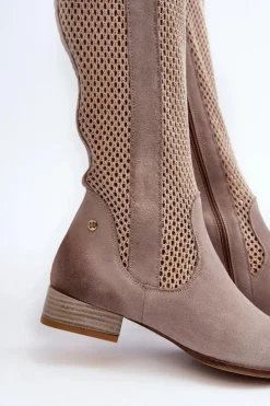 Damskie Maciejka Ażurowe Kozaki Damskie Na Niskim Obcasie Z Naturalnego Zamszu 06467-04 Beżowe