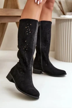 Boto Kozaki Ocieplane|Kozaki Ażurowe*Ażurowe Kozaki Damskie Na Niskim Obcasie Eko Zamszowe Zapinane Na Zamek Czarne Orchides Czarny