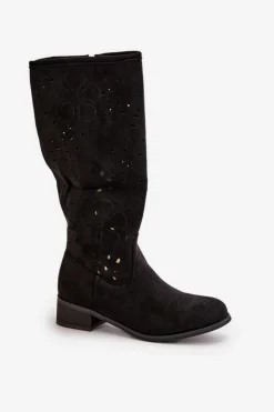 Boto Kozaki Ocieplane|Kozaki Ażurowe*Ażurowe Kozaki Damskie Na Niskim Obcasie Eko Zamszowe Zapinane Na Zamek Czarne Orchides Czarny