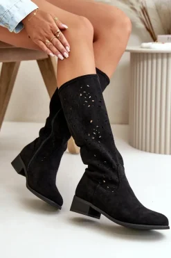 Boto Kozaki Ocieplane|Kozaki Ażurowe*Ażurowe Kozaki Damskie Na Niskim Obcasie Eko Zamszowe Zapinane Na Zamek Czarne Orchides Czarny