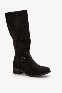 Boto Kozaki Ocieplane|Kozaki Ażurowe*Ażurowe Kozaki Damskie Na Niskim Obcasie Eko Zamszowe Zapinane Na Zamek Czarne Orchides Czarny