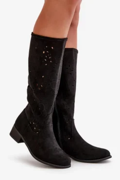 Boto Kozaki Ocieplane|Kozaki Ażurowe*Ażurowe Kozaki Damskie Na Niskim Obcasie Eko Zamszowe Zapinane Na Zamek Czarne Orchides Czarny
