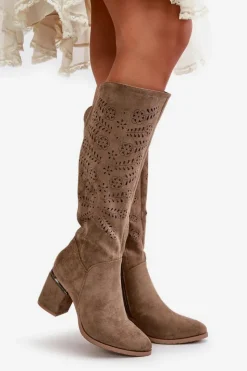Buty damskie Vinceza Kozaki Ażurowe|Kozaki Przed Kolano*Ażurowe Kozaki Damskie Na Słupku Z Eko Zamszu Vinceza 16443 Ciemnobeżowe