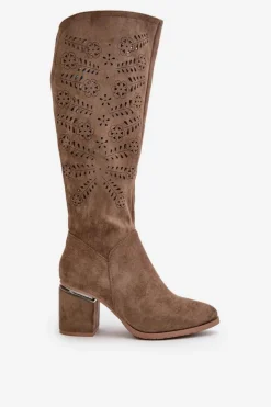 Buty damskie Vinceza Kozaki Ażurowe|Kozaki Przed Kolano*Ażurowe Kozaki Damskie Na Słupku Z Eko Zamszu Vinceza 16443 Ciemnobeżowe