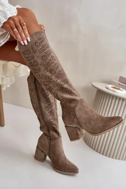 Buty damskie Vinceza Kozaki Ażurowe|Kozaki Przed Kolano*Ażurowe Kozaki Damskie Na Słupku Z Eko Zamszu Vinceza 16443 Ciemnobeżowe