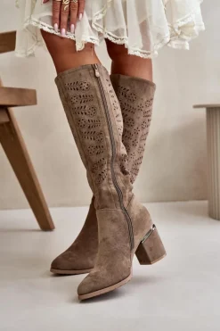 Buty damskie Vinceza Kozaki Ażurowe|Kozaki Przed Kolano*Ażurowe Kozaki Damskie Na Słupku Z Eko Zamszu Vinceza 16443 Ciemnobeżowe