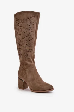 Buty damskie Vinceza Kozaki Ażurowe|Kozaki Przed Kolano*Ażurowe Kozaki Damskie Na Słupku Z Eko Zamszu Vinceza 16443 Ciemnobeżowe