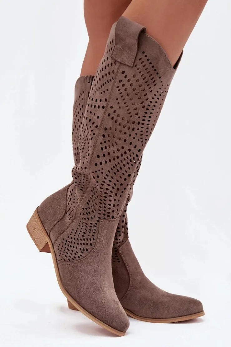 Damskie Boto Ażurowe Kozaki Damskie Na Klocku Przed Kolano Ciemnobeżowe Fioris