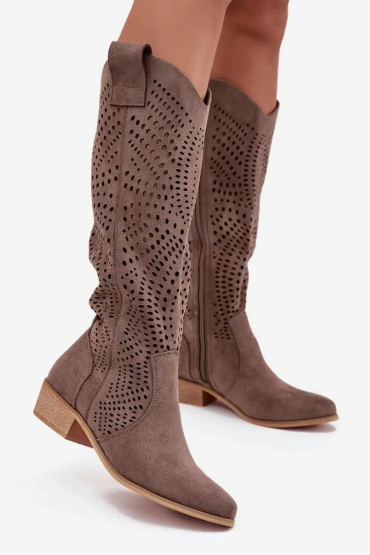 Damskie Boto Ażurowe Kozaki Damskie Na Klocku Przed Kolano Ciemnobeżowe Fioris