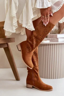 Damskie Boto Ażurowe Kozaki Damskie Na Niskim Obcasie Eko Zamszowe Zapinane Na Zamek Camel Orchides