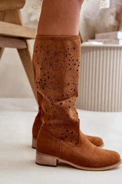 Damskie Boto Ażurowe Kozaki Damskie Na Niskim Obcasie Eko Zamszowe Zapinane Na Zamek Camel Orchides