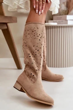 Clearance Boto Ażurowe Kozaki Damskie Na Niskim Obcasie Eko Zamszowe Zapinane Na Zamek Ciemnobeżowe Orchides