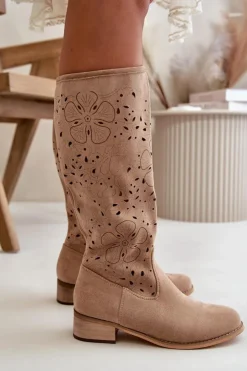 Clearance Boto Ażurowe Kozaki Damskie Na Niskim Obcasie Eko Zamszowe Zapinane Na Zamek Ciemnobeżowe Orchides