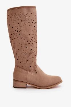 Clearance Boto Ażurowe Kozaki Damskie Na Niskim Obcasie Eko Zamszowe Zapinane Na Zamek Ciemnobeżowe Orchides