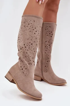 Damskie Boto Ażurowe Kozaki Damskie Na Niskim Obcasie Eko Zamszowe Zapinane Na Zamek Beżowe Orchides