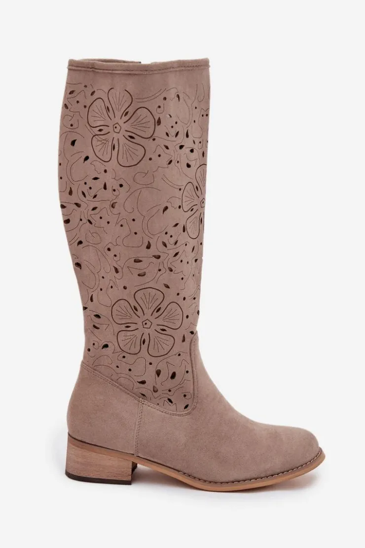 Damskie Boto Ażurowe Kozaki Damskie Na Niskim Obcasie Eko Zamszowe Zapinane Na Zamek Beżowe Orchides