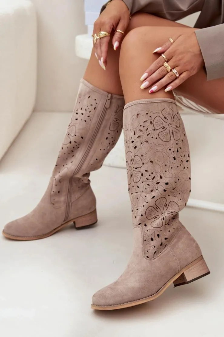 Damskie Boto Ażurowe Kozaki Damskie Na Niskim Obcasie Eko Zamszowe Zapinane Na Zamek Beżowe Orchides