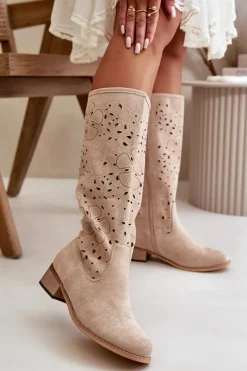 Damskie Boto Ażurowe Kozaki Damskie Na Niskim Obcasie Eko Zamszowe Zapinane Na Zamek Jasnobeżowe Orchides
