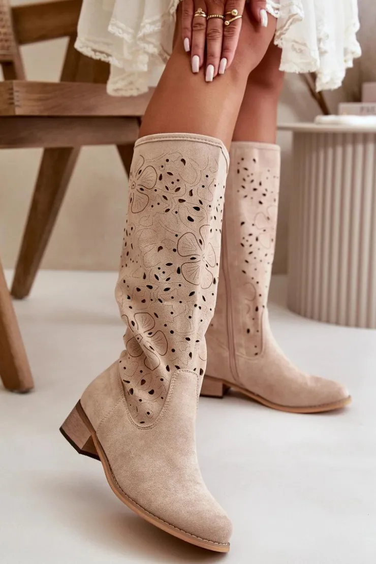 Damskie Boto Ażurowe Kozaki Damskie Na Niskim Obcasie Eko Zamszowe Zapinane Na Zamek Jasnobeżowe Orchides