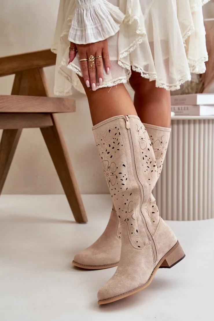 Damskie Boto Ażurowe Kozaki Damskie Na Niskim Obcasie Eko Zamszowe Zapinane Na Zamek Jasnobeżowe Orchides