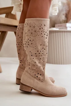 Damskie Boto Ażurowe Kozaki Damskie Na Niskim Obcasie Eko Zamszowe Zapinane Na Zamek Jasnobeżowe Orchides