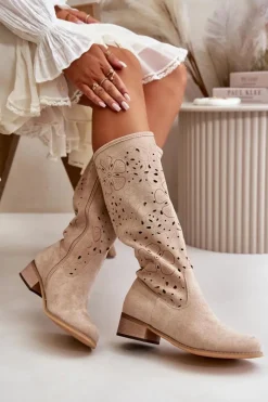 Damskie Boto Ażurowe Kozaki Damskie Na Niskim Obcasie Eko Zamszowe Zapinane Na Zamek Jasnobeżowe Orchides