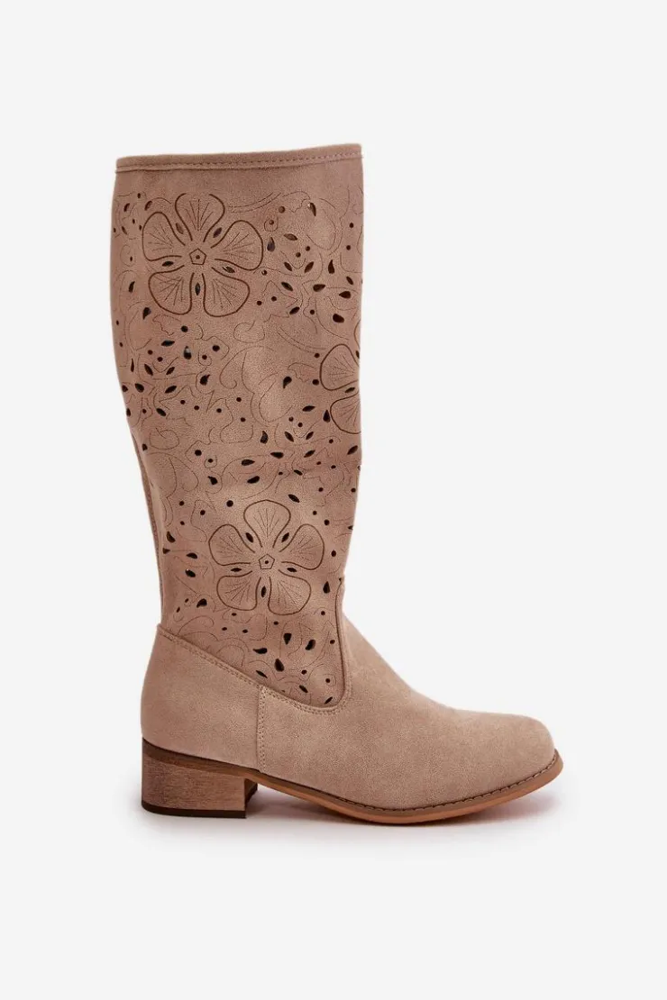 Damskie Boto Ażurowe Kozaki Damskie Na Niskim Obcasie Eko Zamszowe Zapinane Na Zamek Jasnobeżowe Orchides