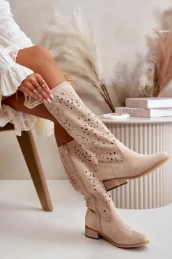 Damskie Boto Ażurowe Kozaki Damskie Na Niskim Obcasie Eko Zamszowe Zapinane Na Zamek Jasnobeżowe Orchides