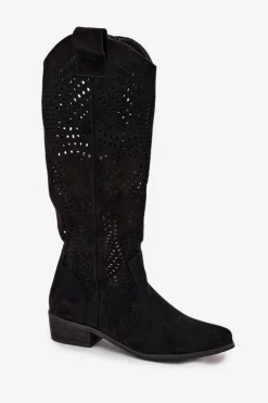 Boto Kozaki Ocieplane|Kozaki Ażurowe*Ażurowe Kozaki Damskie Na Klocku Przed Kolano Czarne Fioris