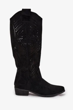 Boto Kozaki Ocieplane|Kozaki Ażurowe*Ażurowe Kozaki Damskie Na Klocku Przed Kolano Czarne Fioris