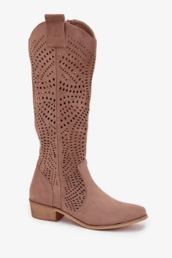 Boto Ażurowe Kozaki Damskie Na Klocku Przed Kolano Beżowe Fioris