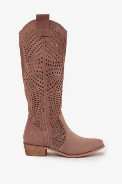 Boto Ażurowe Kozaki Damskie Na Klocku Przed Kolano Beżowe Fioris