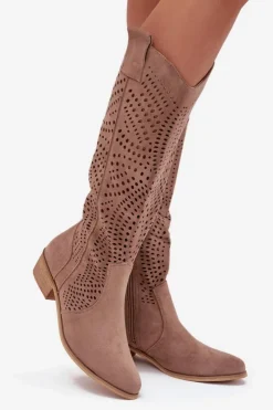 Boto Ażurowe Kozaki Damskie Na Klocku Przed Kolano Beżowe Fioris