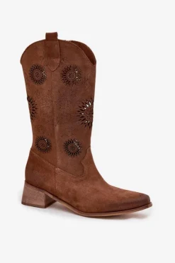 Clearance Zazoo Ażurowe Kozaki Damskie Z Naturalnego Zamszu Na Klocku 3793 Brązowe